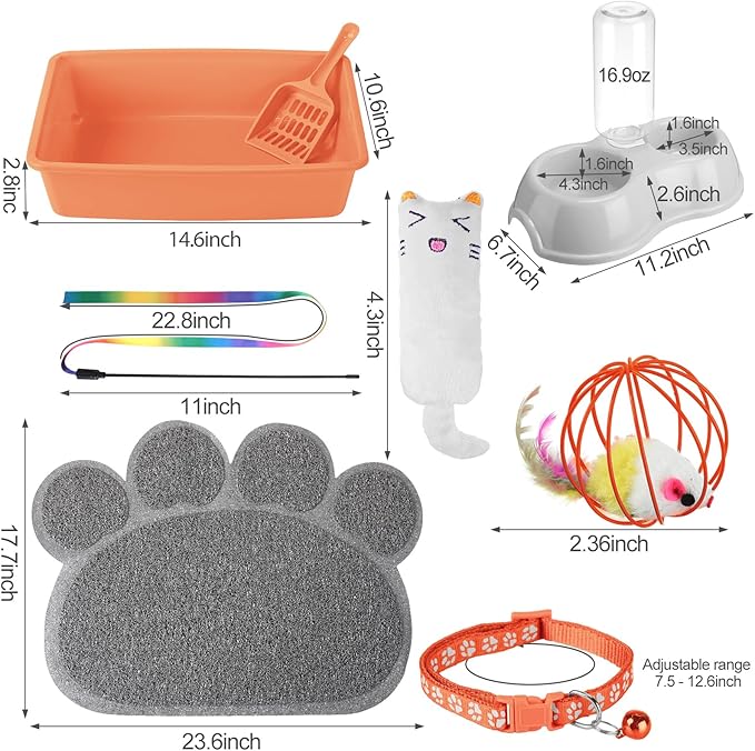 7 Pcs Small Cat Kitten Starter Kit Cat Litter Box with Shovel Cat Paw Litter Mat Double Automatic Cat Bowls Cat Toy Teaser Stick Cat Collar Essentials Kits for 1-3 Lbs Beginner (Orange,Simple)