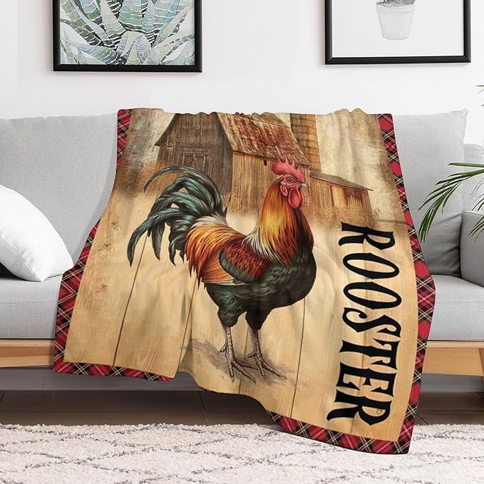 Farmhouse Rooster Blanket Chicken Farm Country Barn Print Throw Blankets for Couch Sofa Bed Stuff Decor Soft Cozy Fleece Plush Warm Flannel Bedding Gifts for Baby Girls Boys Kids Adults 60"x80"