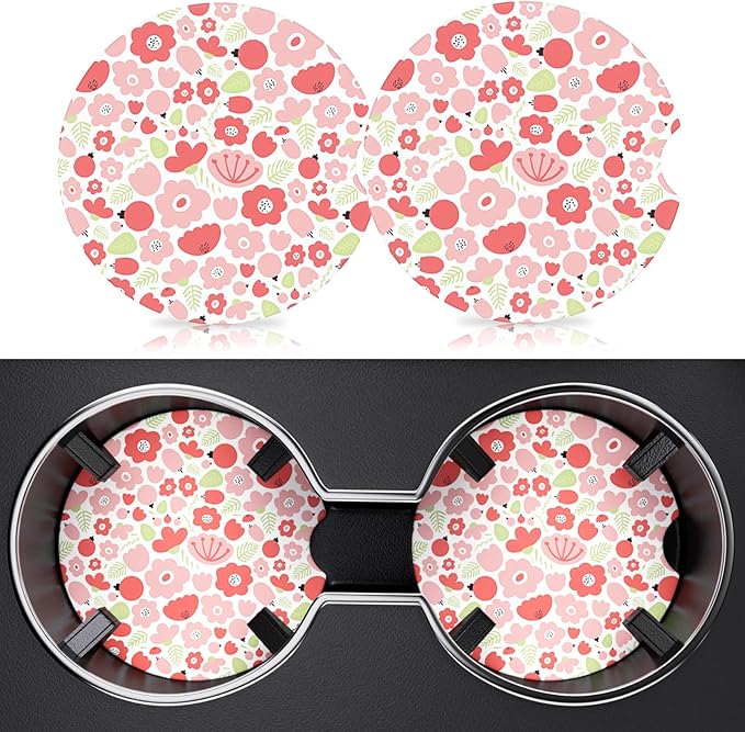 2 Pack Car Cup Holder Coaster, 2.63 inch Anti Slip Insert Absorbent Ceramic Coaster with Cork Base and Finger Notch, Cute Car Accessories Interior for Women