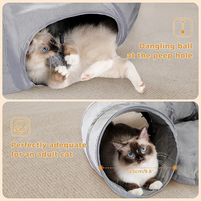 PAWZ Road Cat Tunnel Bed Large Cat Donut Tunnel for Indoor Cats Collapsible Cat Tube with Central Mat, Peek Hole and Cat Toy Hanging Balls for Indoor Cats