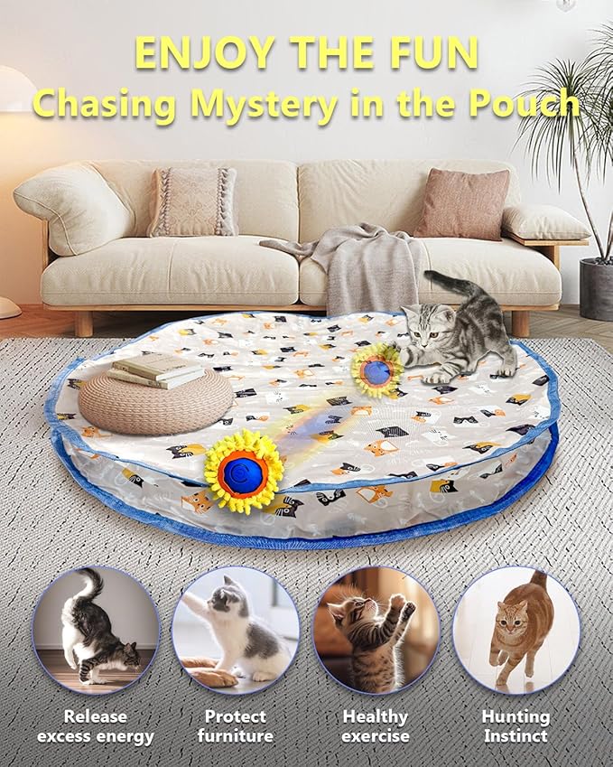 Interactive Cat Toys for Indoor Cats, Automatic Motion Cat Ball Toy with Play Pouch, Hide and Seek Cat Toy with Plush Shell, Rechargeable Kittens Toy, Simulated Hunting Cat Toys