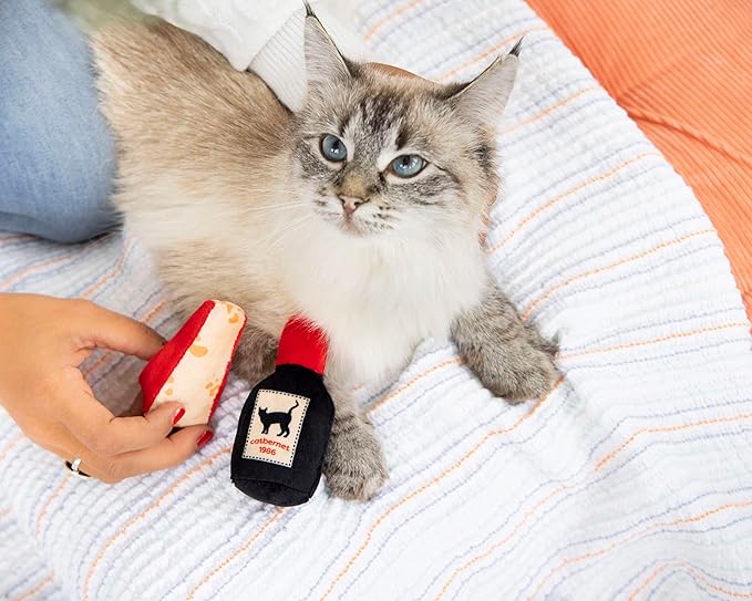 Pearhead Pet Cheese and Wine Plush Cat Toys, Set of 2, Valentine's Day Dog Toys, Wine and Cheese Catnip Toys, Crinkle Cat Toys, Cat Owner Valentine's Day Keepsake