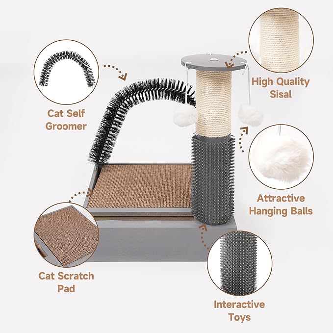 Cat Scratching Post with Cat Tower Tree and Cats Arch Self Groomer Massager Brush Kitty Ball Toys for Kittens,Cat Posts and Scratchers for Indoor Pets,Interactive Toy with Ball Track Spring Ball…