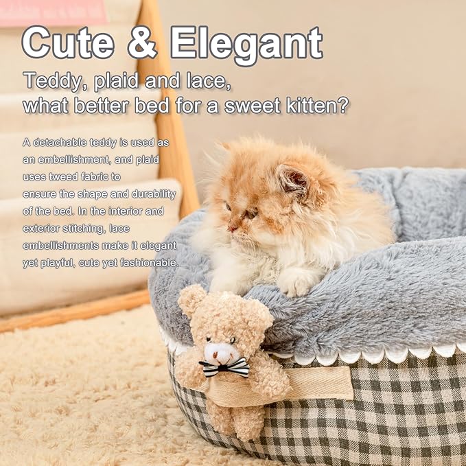 Jiupety Teddy Donut Bed for Indoor Cats, Washable & Warm Small Dog Bed, Cute Fluffy Round Kitten Bed, Suitable for Cat and Puppy, Anti-Slip Calming Princess Kitty Bed, Gray, 26"×26", Fit 25lbs