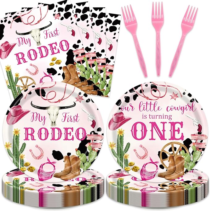 48Pcs My First Rodeo Decorations Western Cowgirl 1st Party Tableware Set Wild West Pink Disposable Plates Napkins Forks Serves 16 Baby Shower First Birthday Decorations For Girl