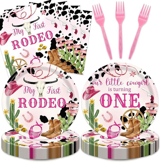 48Pcs My First Rodeo Decorations Western Cowgirl 1st Party Tableware Set Wild West Pink Disposable Plates Napkins Forks Serves 16 Baby Shower First Birthday Decorations For Girl