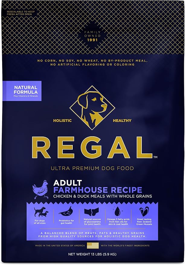 Regal Pet Foods Adult Farmhouse Recipe (Chicken and Duck) All Natural, Slow Cooked Whole Grain Dry Dog Food for All Breeds and Sizes of Adult Dog - Made in The USA, 13 LB Bag