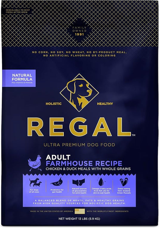 Regal Pet Foods Adult Farmhouse Recipe (Chicken and Duck) All Natural, Slow Cooked Whole Grain Dry Dog Food for All Breeds and Sizes of Adult Dog - Made in The USA, 13 LB Bag