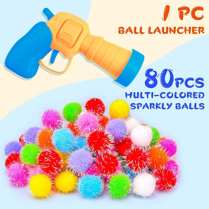 BooTaa Pet Toys, Interactive Cat Toy Set, 80pcs Glitter Pom-Poms Cat Ball Toy with 1 Launcher, Safe Soft Cat Toy Balls for Fetch, Training, Playing