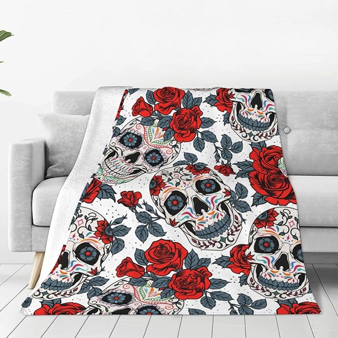 Ultra-Soft Microfiber Throw Blanket 330 GSM Fuzzy Fleece Blanket for Adults Kids Gift Couch, Sofa, Bed Skull Rose 50"x40"