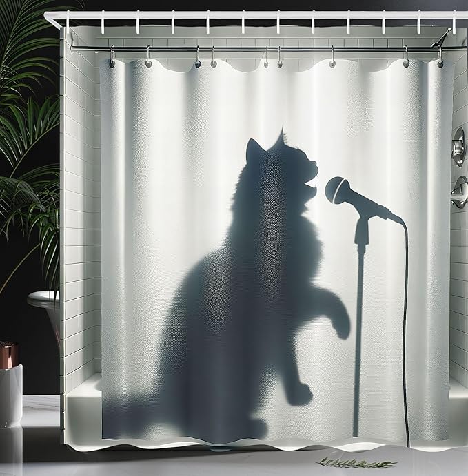 Ambesonne Cat Shower Curtain, Shadow of a Singing Kitty Funny Bath Time Musician Animal Humorous Joke, Cloth Fabric Bathroom Decor Set with Hooks, 69" W x 70" L, Dark Blue Grey Off White