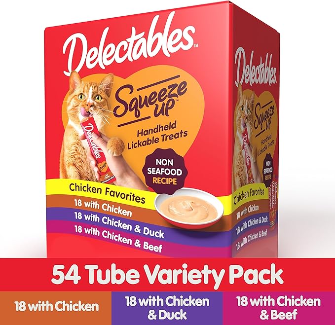 Delectables Squeeze Up Non-Seafood Variety Pack, Creamy Squeezable Puree, Lickable Wet Cat Treats, Grain Free, No Added Fillers, No By-Products, No Added Preservatives, 0.5 Ounces Tube, 54 Tubes Total