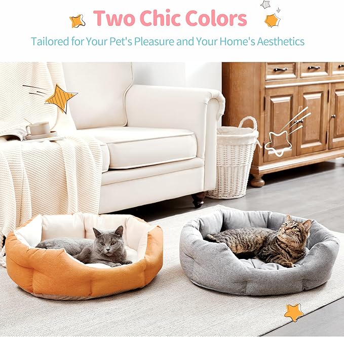 Made4Pets Cat Beds for Indoor Cats - Dog Beds for Small Dogs, Round Pet Bed for Puppy and Kitten, Washable Dog Bed with Anti-Slip Bottom, Removable Dual-Fabric Cushion for All Season, Orange