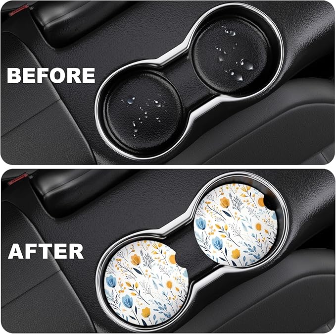 2 Pack Car Coaster, 2.63 inch Anti Slip Insert Absorbent Ceramic Coaster with Cork Base and Finger Notch, Cute Car Accessories Interior for Women