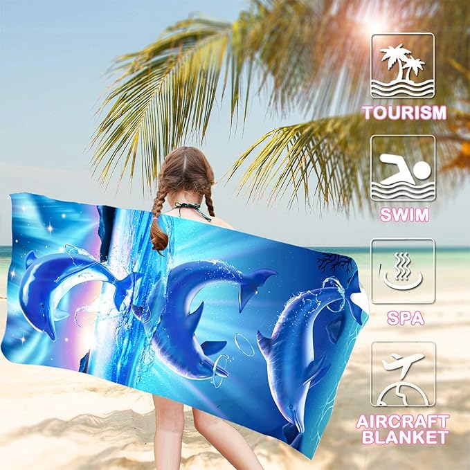 Bonsai Tree Dolphin Beach Towel, Cute Ocean Dolphins Themed Microfiber Bath Towel Gifts for Kids, Funny Abstract Animals Cartoon Sand Free Quick Dry Travel Towels for Boys Girls Pool Sports 30" x 60"