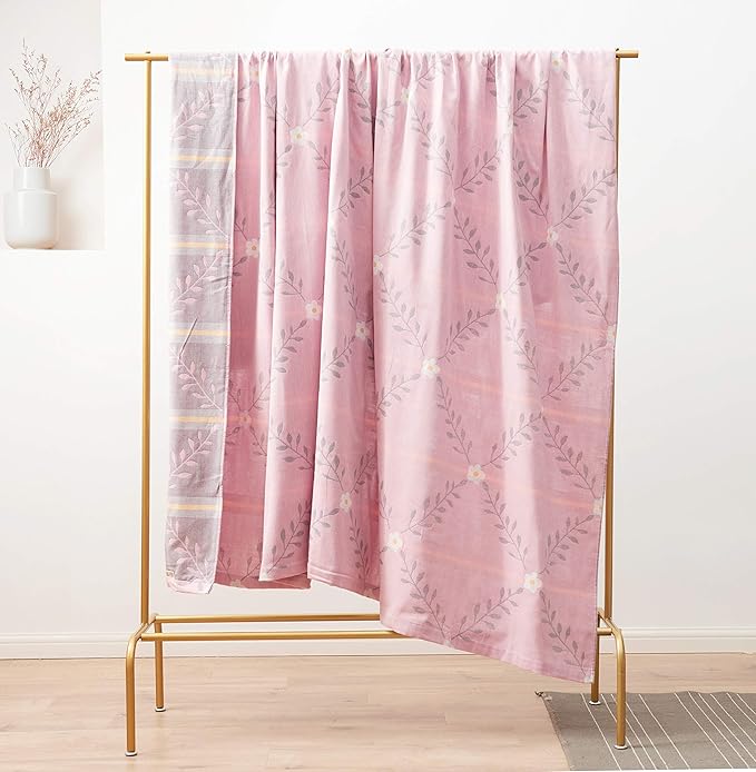 MEJU Flower Muslin Lightweight Summer Blanket for Bed Sofa Couch, 100% Combed Cotton 2 Layer Soft Warm Quick Dry Throw Blanket Bed Coverlet Sheet Flower Pink, Twin 60 in X 80 in