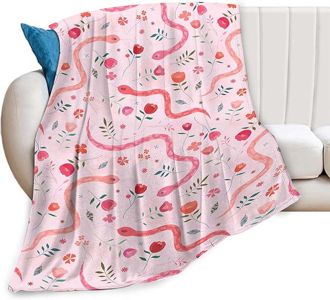 Cute Snake Reptile Blanket Ultra Soft Cozy Pink Flower Snake Throw Blanket Fleece Fuzzy Plush Bedding Blanket Real Snake Lovers Gifts for Women Girls Kids Adults Couch Sofa 50"x40"