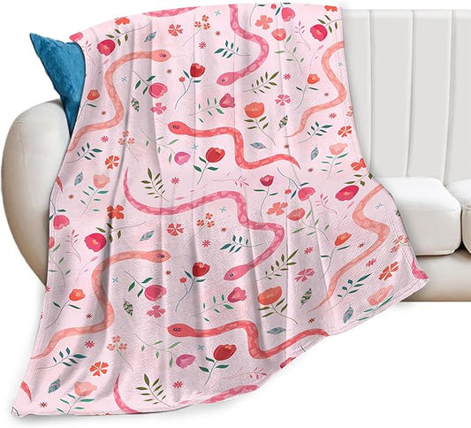 Cute Snake Reptile Blanket Ultra Soft Cozy Pink Flower Snake Throw Blanket Fleece Fuzzy Plush Bedding Blanket Real Snake Lovers Gifts for Women Girls Kids Adults Couch Sofa 60"x50"