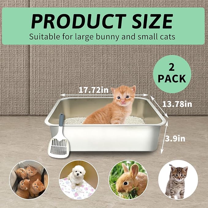 BNOSDM Stainless Steel Litter Box 2 Pcs Cat Litter Pan for Kitten, Pet Metal Toilet Boxes with Non-Slip Foot Mats and Litter Scoop, Easy to Clean (18x14x4)