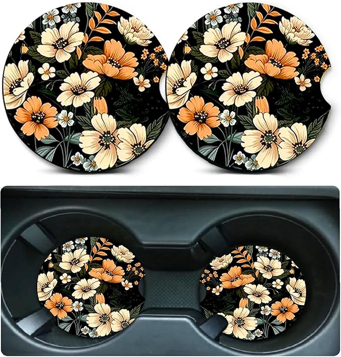 Car Coasters for Cup Holders,2 Pack Flowers Car Coasters,2.75" Universal Size Anti Slip Rubber Mat,Automotive Cup Holder Decal Decor Accessories,Rubber Car Cup Mat for Women,Men,Mom