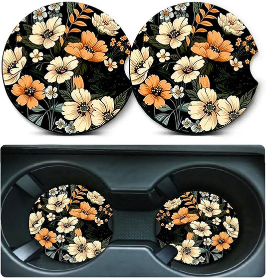 Car Coasters for Cup Holders,2 Pack Flowers Car Coasters,2.75" Universal Size Anti Slip Rubber Mat,Automotive Cup Holder Decal Decor Accessories,Rubber Car Cup Mat for Women,Men,Mom