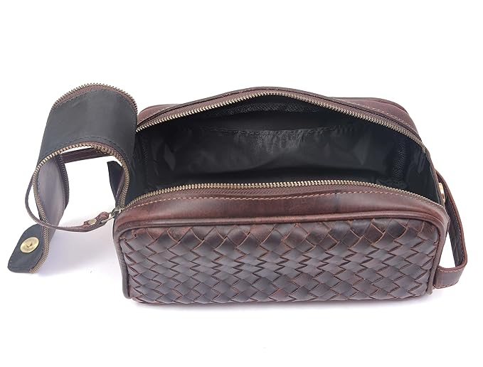 10" Premium Leather Toiletry Travel Pouch With Waterproof Lining | King-Size Handcrafted Vintage Dopp - Kit ~ Gift for Father's Day By Aaron Leather Goods (Wheat Brown)