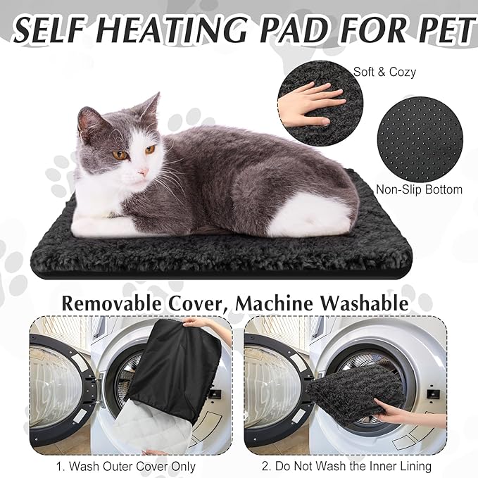 4 Pack Self Warming Cat Pads Self Heating Cat Mat Thermal Pads for Small Dogs Washable Pet Kennel Pad Crate Bed Mat with Removable Covers for Indoor Outdoor Pet(Black,16 x 20 Inch)