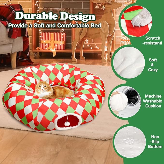 Large Cat Tunnel Bed Cat Peekaboo Cat Cave Donut with Washable Cushion Cat Tunnels for Indoor Cats Festive Decor Perfect for Small Medium Large Cats, Kittens, Rabbit, Ferret