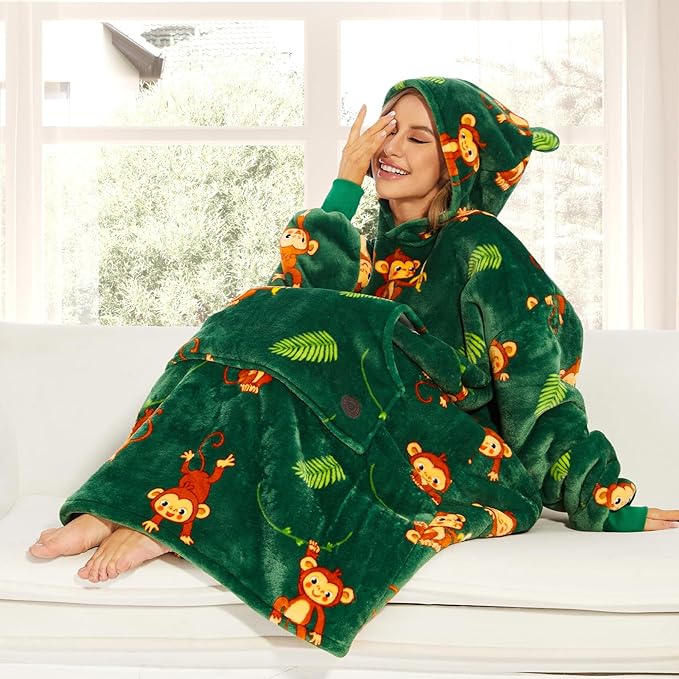 THREE POODLE Wearable Blanket Hoodie, Oversized Sherpa Sweatshirt Blanket for Adults Women Men, Warm Cozy Monkey Hooded Blanket, Gifts for Mom Girlfriend