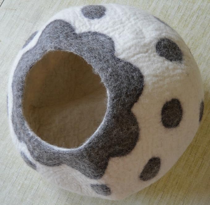 Cat Cave Bed - Gray White Handmade Felted Wool, Large Covered Cozy Cocoon, Indoor Hideaway Igloo House, Also Perfect Kitten Gift, by Earthtone Solutions (Cozy Pueblo)
