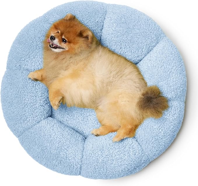 Lesure Calming Small Dog Bed - Flower Donut Round Fluffy Puppy Bed in Plush Teddy Sherpa, Non-Slip Cute Flower Cat Beds for Indoor Cats, Small Pet Bed Fits up to 25 lbs, Machine Washable, Blue 23"