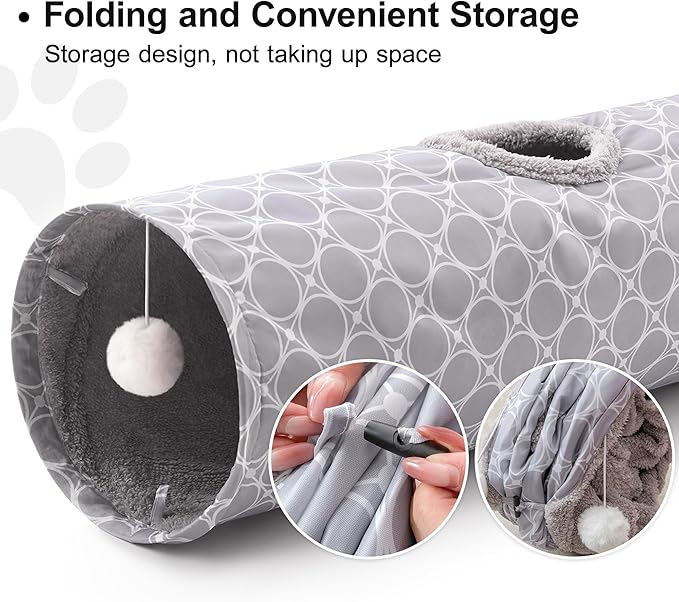 Love’s Cabin Straight Cat Tunnel Tube Fleece-Lined in for Warmth, Cat Tunnels for Indoor Cats Collapsible with Balls, for Rabbits, Kittens, Puppy, Geometric Cat Toys Large Diameter 11 Inch Grey