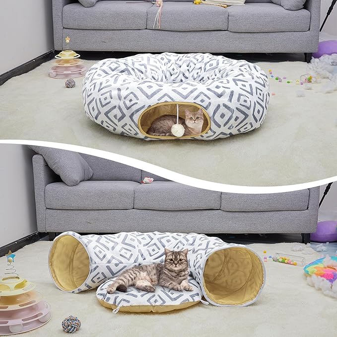 Cat Tunnel Bed, Bienbee Cat Tunnel 2 in1 S-Shape Foldable Cat Tunnels for Indoor Cats Large, Cat Tubes Peekaboo Cat Cave for Cats Guinea Pig Rabbit Grey Grid