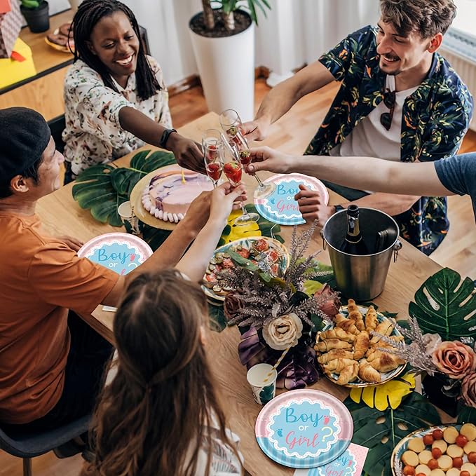 96 Pcs Gender Reveal Party Plates Napkins Forks Decorations Dinnerware Set Disposable Paper Boy or Girl Baby Birthday Supplies Tableware Favors, Serves 24 Guests