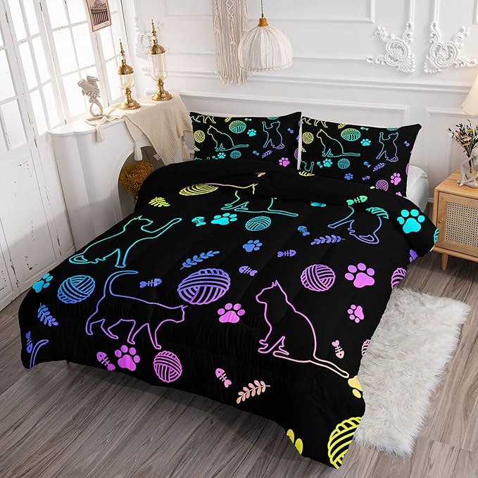 Black Cat Bedding Cartoon Cat Comforter Set Twin,Neon Cat Paw Ball of Yarn Printed Kids Bedding for Cat Lover Boys Girls Adults Room Decor,Kids Comforter,1 Quilt 2 Pillow Cases,Neon Color Purple Blue