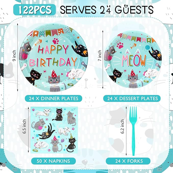 122 Pcs Cat Birthday Party Supplies Disposable Cat Themed Tableware Include 24 Dinner Plates 24 Dessert Plates 50 Paper Napkins 24 Forks Kitten Birthday Party Decoration for 24 Guests (Green)