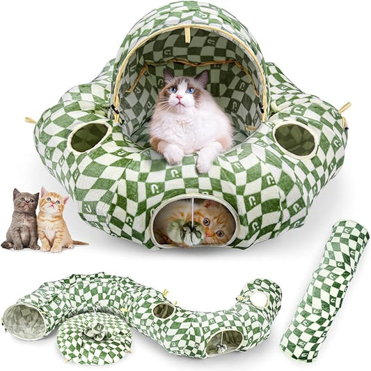 Cat Tunnel Bed for Indoor Cats, Cat Donut Tunnel with Straight Tunnel, Washable Circle Cushion, 4 Hanging Balls and 6 Peek Holes, Collapsible Pet Play Tunnel Toy, Green