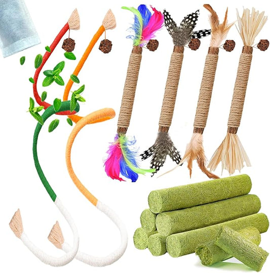 Cat Toys 12Pack Cat Grass Treat Catnip Toy with Silvervine for Indoor Kitten Toys Wood Cat Chew Rope Kitten Grass Stick for Teeth Cleaning Cat Snack for Kitty Cat Nip Dental Care Cat Self Play