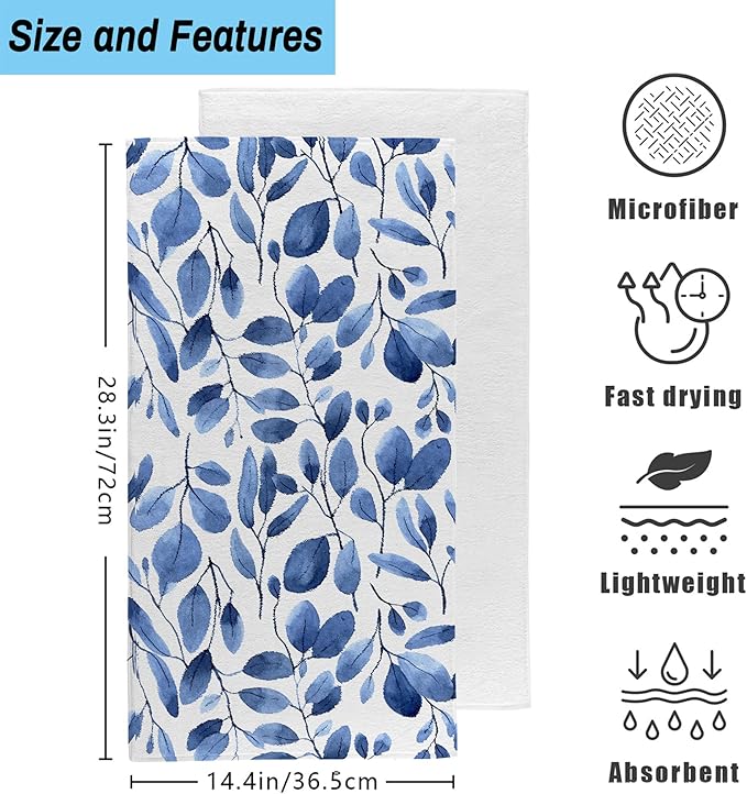 Blue Eucalyptus Leaves Bathroom Hand Towel Set of 2,Watercolor Botanical Plant Leaves Fingertip Kitchen Hand Towel,Soft Absorbent Decorative for Hotel Home Decor