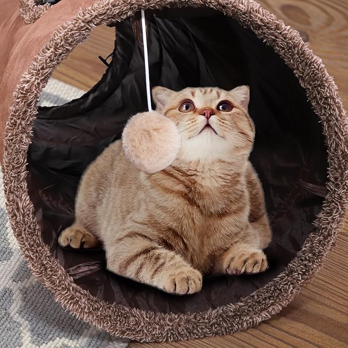 ZENFUN 51"x 12" Collasiple Cat Play Tunnel, Cat Tubes and Tunnels, Cat Foldable Hide and Seek Tunnel Toy, Brown Suede Pet Tube Toy for Rabbits, Ferrets, Puppy, Diameter 12 Inch