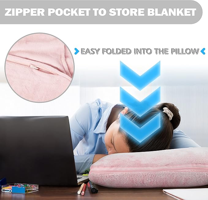 Solaris Travel Wearable Blanket with Sleeves, 2 in 1 Packable Airplane Pillow Blanket for Adult Women Men, Soft Cozy Warm Snuggy Body Blanket for Outdoor Indoor Home Lounge, Pink