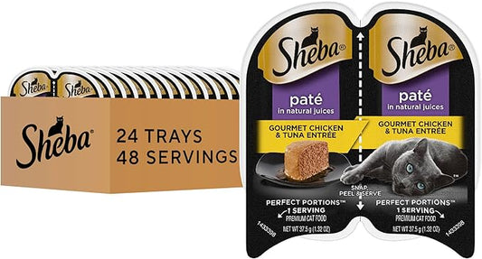 Sheba Perfect Portions Paté Wet Cat Food Trays (24 Count, 48 Servings), Gourmet Chicken and Tuna Entrée, Easy Peel Twin-Pack Trays