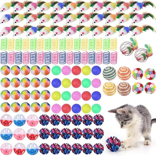 Shappy 150 Pcs Cat Toys Bulk Pack Cat Toy Gift for Christmas Include Mice Rainbow Balls Lattice Balls Sisal Balls Table Tennis Balls Plush Balls Springs Crinkle Balls Caged Bell Balls