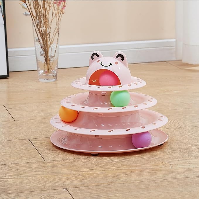 Suhaco Interactive Cat Toys for Indoor Cats Fun Roller 4 Level Cat Tower with Cute Stickers Turntable Kittens Ball Teaser Toy (Pink)