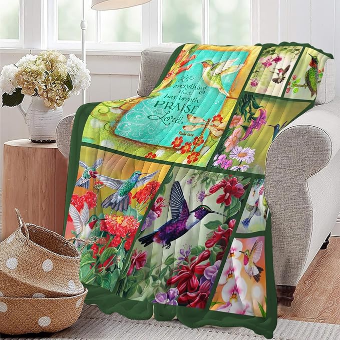 Green Hummingbirds Print Blanket Country Birds Floral Throw Blankets Gifts Couch Sofa Bed Stuff Decor Lightweight Soft Cozy Fleece Plush Flannel Bedding for Lover Men Women Boys Girls Adults 50"x60"