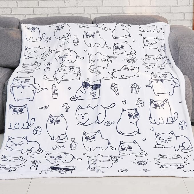 Cute Cat Blanket, Soft Kids Throw Blanket Blanket for Cat Lovers Gifts for Girls Women Cats Throw Blanket Flannel Fleece Blankets for Couch Bed Sofa (cat 2, 48" X 60")