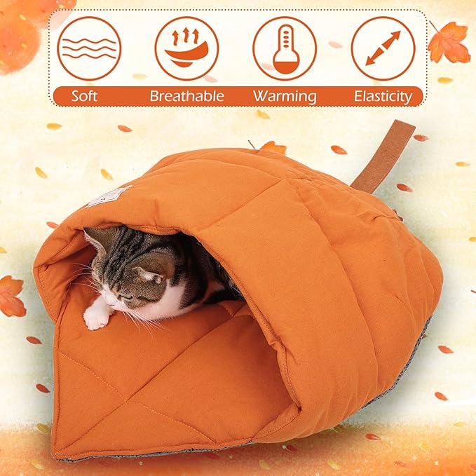 Cat Sleeping Bag,Cozy Cat Bed Cave Leaf Nest,Linen Fabric Pet Cuddle Zone,Covered Hide Warm Burrowing Soft Durable Washable Cat Bed for Indoor Puppy and Kitten(Maple Leaf Orange)