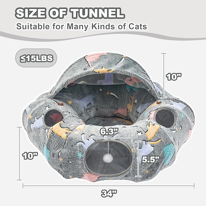 JIUPETY Cat Tunnel Bed with Soft Plush Mat, Collapsible Tube Playground, Cat Cave Bed Tunnel for Indoor Cats, Kitten, Rabbit, Ferret, Fluffy Plush Material, Includes Dangling Balls, Cave Grey B