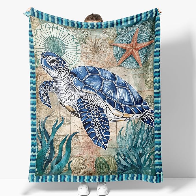 Sea Turtle Blanket Gifts for Women Mom Kids Adults Teen Birthday Christmas Valentine Presents Ocean Turtles Theme Decor Home Bedroom Living Room Sofa Couch Soft Cozy Plush Fuzzy Flannel Throw 60"x50"