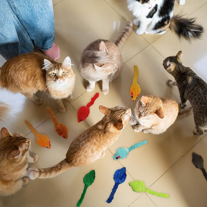 120 Pcs Rainbow Furry Cat Mouse Toys Interactive Rattle Cat Toy Mice Small Soft Rustle Sound Kitten Toys for Pets Cat Puppy Kittens Play, Assorted Colors
